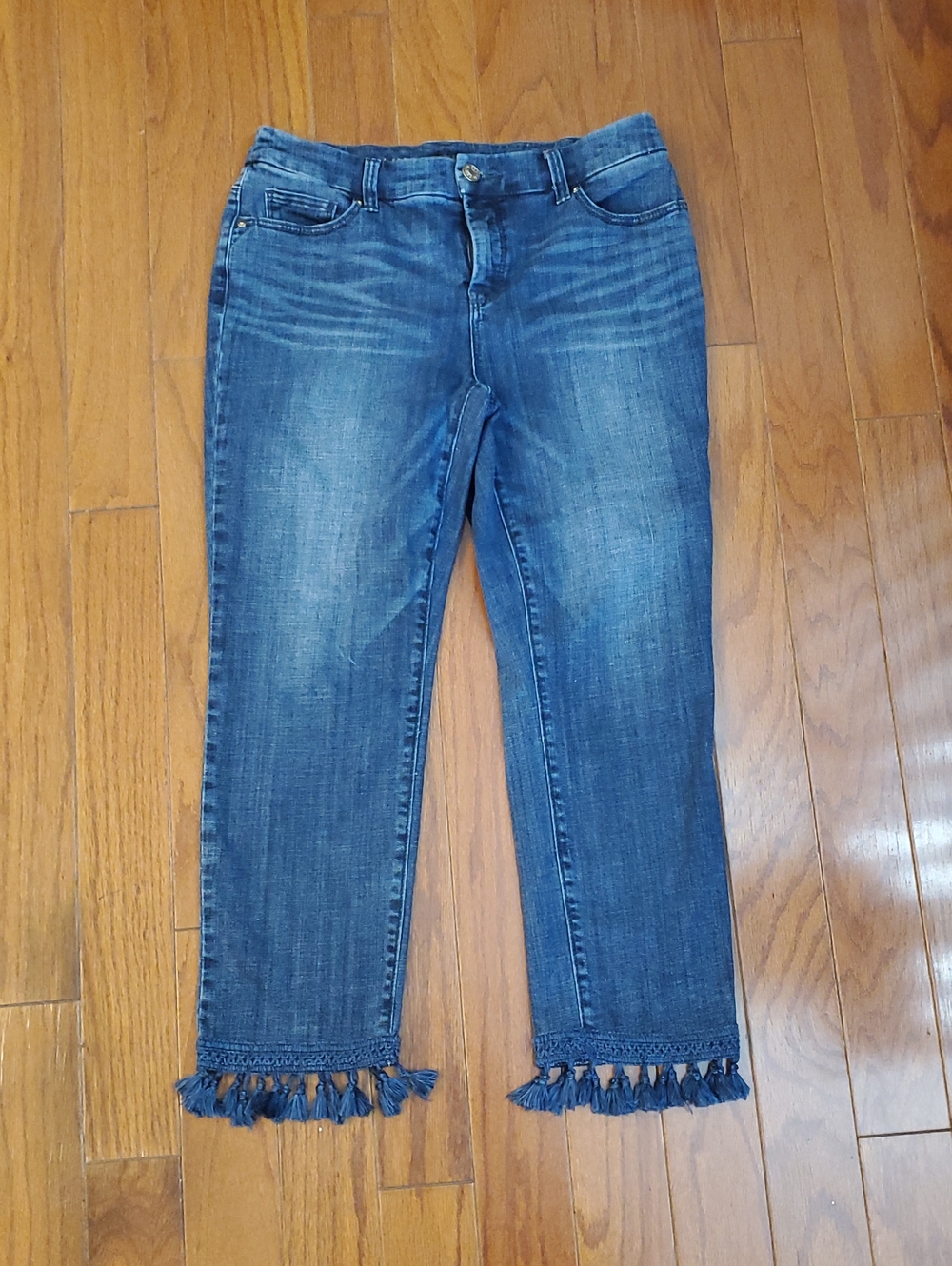 Chicos Size 0 Or 4 Blue Cropped Denim Jeans with Tassel Hem